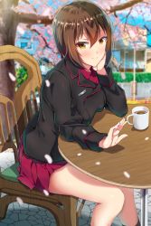 Rule 34 | 10s, 1girl, arm support, blush, brown eyes, brown hair, chair, cherry blossoms, coffee, coffee mug, cup, girls und panzer, hand on own cheek, hand on own face, head rest, highres, long sleeves, military, military uniform, miniskirt, mug, nishizumi maho, nonohachi, pleated skirt, red skirt, short hair, sitting, skirt, smile, solo, table, uniform