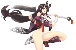 Rule 34 | 1girl, bandages, bandaged arm, black hair, covered navel, gauntlets, highleg, highleg leotard, horns, huge weapon, japanese clothes, kimono, leotard, leotard under clothes, long hair, looking at viewer, low-tied long hair, nakadori (movgnsk), oni, original, purple kimono, simple background, solo, standing, standing on one leg, sword, turtleneck, weapon, white background, white leotard