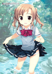 Rule 34 | 1girl, bow, brown hair, clothes lift, day, flat chest, highres, long hair, outdoors, panties, skirt, skirt lift, solo, sweater vest, tree, twintails, underwear, wading, water, white panties, yan-yam