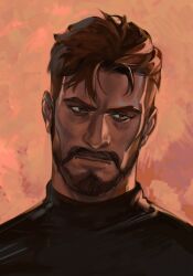 1boy beard black_shirt brown_background brown_eyes brown_hair closed_mouth commentary_request dark-skinned_male dark_skin facial_hair korean_commentary looking_to_the_side male_focus overwatch overwatch_1 portrait puppy_1ove reaper_(overwatch) shirt short_hair sideways_glance solo