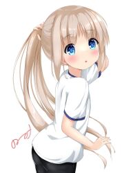 Rule 34 | 1girl, ass, bike shorts, black shorts, blue eyes, blush, brown hair, from behind, gym uniform, highres, holding own hair, kud wafter, kudpoid (71139), little busters!, long hair, looking at viewer, looking back, noumi kudryavka, open mouth, ponytail, shirt, short sleeves, shorts, solo, white shirt