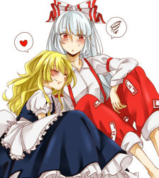 Rule 34 | 2girls, apron, bad id, bad pixiv id, black dress, blonde hair, blush, bow, breasts, closed mouth, couple, cuddling, dress, frilled apron, frilled skirt, frills, fujiwara no mokou, hair bow, hair ornament, hair ribbon, happy, head on another&#039;s shoulder, heart, kirisame marisa, leaning in, long hair, long sleeves, looking at another, looking down, multiple girls, nervous, no headwear, pants, red eyes, red pants, red ribbon, ribbon, short sleeves, simple background, sitting, skirt, smile, sou futoshi, souta (karasu no ouchi), speech bubble, spoken heart, spoken squiggle, squiggle, suspenders, sweatdrop, touhou, waist apron, wavy hair, white background, white hair, white ribbon, yuri