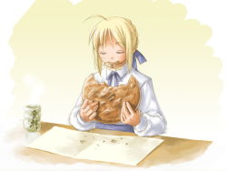 Rule 34 | 00s, 1girl, ahoge, artoria pendragon (all), artoria pendragon (fate), blonde hair, blouse, cup, eating, closed eyes, fate/stay night, fate (series), food, non-web source, ribbon, saber (fate), shirt, solo, yunomi