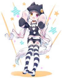 Rule 34 | 1girl, absurdres, amimi, bandaid, bike shorts, blush, bow, cabbie hat, chii paws, curly hair, fang, fox girl, fox tail, hat, hat ornament, heterochromia, highres, indie virtual youtuber, jewelry, long hair, long sleeves, low twintails, md5 mismatch, messy hair, mole, mole under eye, multicolored hair, necklace, open mouth, pink eyes, resolution mismatch, simple background, sleeves past elbows, sleeves past wrists, smiley face, source smaller, star (symbol), streaked hair, striped clothes, striped thighhighs, tail, thighhighs, twintails, virtual youtuber, white hair, yellow eyes