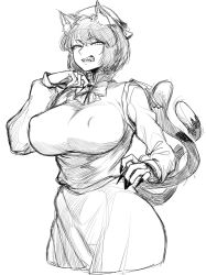 Rule 34 | 1girl, aged up, animal ears, bow, bowtie, breasts, cat ears, cat tail, chen, chinese clothes, curvy, earrings, fingernails, frilled skirt, frills, greyscale, hand on own hip, hand on own chin, hat, huge breasts, jewelry, long sleeves, looking at viewer, mob cap, monochrome, multiple tails, nekomata, sharp teeth, shirt, short hair, single earring, skirt, skirt set, slit pupils, spacezin, tail, teeth, touhou, two tails, vest, yellow neckwear, you gonna get raped