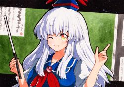 Rule 34 | 1girl, blue hat, bow, collared dress, dress, hat, kamishirasawa keine, long hair, neckerchief, puffy short sleeves, puffy sleeves, qqqrinkappp, red bow, red eyes, red neckerchief, short sleeves, silver hair, skirt, solo, tokin hat, touhou, traditional media, white skirt