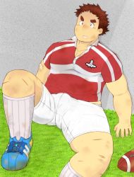 Rule 34 | 1boy, 3c pan, :o, alternate hairstyle, ball, bara, belly, blush, brown hair, bulge, dirty, dirty clothes, erection, erection under clothes, facial hair, facial scar, foot out of frame, grass, tamamura gunzo, highres, long sideburns, male focus, messy hair, muscular, muscular male, pectoral cleavage, pectorals, red shirt, rugby ball, rugby uniform, scar, scar on cheek, scar on face, shirt, short hair, shorts, sideburns, sitting, solo, spiked hair, sportswear, spread legs, stubble, thick eyebrows, thick thighs, thighs, tokyo houkago summoners, white shorts