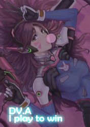 Rule 34 | 1girl, animal print, bodysuit, breasts, brown eyes, brown hair, blowing bubbles, character name, charm (object), chewing gum, d.va (overwatch), english text, facepaint, facial mark, finger on trigger, gun, handgun, headphones, high collar, highres, holding, holding gun, holding weapon, long hair, looking at viewer, lying, meka (overwatch), overwatch, overwatch 1, pilot suit, pistol, rabbit print, ribbed bodysuit, shoulder pads, skin tight, small breasts, solo, swept bangs, trigger discipline, upper body, v, weapon, whisker markings, yu xiang qiezi