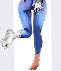 Rule 34 | 1girl, ass, ass focus, ass grab, bodysuit, close-up, d.va (overwatch), feet, female focus, from behind, ghhoward, gloves, grabbing own ass, hands on ass, highres, lower body, no shoes, out of frame, overwatch, overwatch 1, pantylines, pilot suit, shiny clothes, simple background, single sock, skin tight, socks, solo, standing, standing on one leg, thighs, white gloves, white socks, wide hips