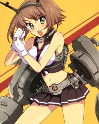 Rule 34 | 10s, 1girl, bad id, bad pixiv id, brown hair, gloves, green eyes, hairband, kantai collection, machinery, midriff, mutsu (kancolle), navel, open mouth, personification, short hair, solo, torisuke (koinohito)