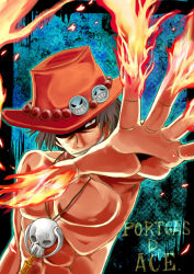 Rule 34 | 1boy, beads, character name, fire, freckles, hat, hat over one eye, highres, looking at viewer, male focus, muscular, one piece, portgas d. ace, sad face, topless male, smile, smiley, smiley face, solo