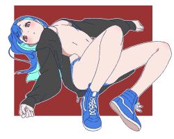 Rule 34 | 1girl, black jacket, blue footwear, blue hair, blue panties, breasts, colored inner hair, commentary request, full body, highres, jacket, long hair, long sleeves, looking at viewer, matatabeat, medium breasts, multicolored hair, navel, open clothes, open jacket, original, panties, parted lips, red background, red eyes, shoes, sleeves past wrists, sneakers, solo, two-tone background, underboob, underwear, white background