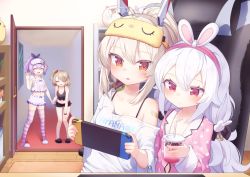 Rule 34 | 4girls, :d, ^ ^, animal ears, ayanami (azur lane), ayanami (off-duty battle station gear) (azur lane), azur lane, bendy straw, black camisole, black footwear, black ribbon, black shorts, blush, breasts, brown eyes, brown hair, camisole, character name, cleavage, closed eyes, closed mouth, clothes writing, collarbone, collared shirt, commentary request, cup, disposable cup, double bun, dress shirt, drinking straw, fake animal ears, hair between eyes, hair bun, hair ornament, hair ribbon, hair scrunchie, hairband, hand up, headgear, high ponytail, holding, holding cup, indoors, javelin (azur lane), javelin (operation: pillow fight!) (azur lane), kokone (coconeeeco), laffey (azur lane), laffey (sleep to clean another day) (azur lane), long hair, mask, mask on head, medium breasts, multiple girls, nintendo switch, off shoulder, one side up, open door, open mouth, pajamas, pink pajamas, pink shirt, playing games, polka dot, polka dot pajamas, polka dot shirt, ponytail, product placement, purple hair, rabbit ears, red eyes, red hairband, red scrunchie, ribbon, scrunchie, shirt, short shorts, shorts, sleep mask, slippers, smile, standing, striped clothes, striped thighhighs, thighhighs, very long hair, white camisole, white footwear, white hair, white shirt, white shorts, z23 (azur lane), z23 (keeper of the comf-fort) (azur lane)