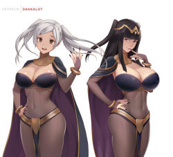 Rule 34 | 2girls, :d, alternate costume, artist name, black cape, black hair, black nails, blunt bangs, bodystocking, bracelet, breasts, brown eyes, cape, circlet, cleavage, cleavage cutout, closed mouth, clothing cutout, cosplay, covered navel, cowboy shot, dakkalot, dark mage (fire emblem awakening), finger to mouth, fingernails, fire emblem, fire emblem awakening, forehead, framed breasts, hand on own hip, hand up, jewelry, large breasts, loincloth, long fingernails, long hair, looking at viewer, multiple girls, nail polish, nintendo, official alternate costume, open mouth, robin (female) (fire emblem), robin (fire emblem), silver hair, simple background, skin tight, smile, straight hair, tharja, tharja (cosplay), tharja (fire emblem), twintails, two side up, white background, wide hips