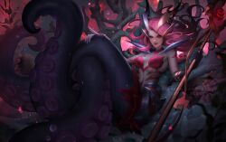 Rule 34 | 1girl, bare shoulders, bikini, black gloves, breasts, closed mouth, coven nami, elbow gloves, gloves, hair ornament, holding, holding staff, large breasts, league of legends, long hair, monster girl, nami (league of legends), red bikini, red eyes, red hair, scylla, smile, solo, staff, swimsuit, tentacles, watermark, web address, zarory