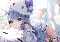 Rule 34 | 1girl, ahoge, benghuai xueyuan, blue bow, blue eyes, blue hair, blush, bow, braid, character request, food, frilled sleeves, frills, hair bow, highres, honkai (series), looking at viewer, lying, macaron, nahaki, on stomach, parted lips, single thighhigh, soles, solo, thigh strap, thighhighs, white thighhighs