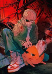 Rule 34 | 1boy, abstract background, am88121, blonde hair, blood, blood splatter, blue pants, chainsaw, chainsaw devil, chainsaw man, chromatic aberration, commentary, denji (chainsaw man), eyepatch, foreshortening, full body, green jacket, highres, holding, holding weapon, hood, hood down, hooded jacket, jacket, knee up, long sleeves, looking to the side, makima (chainsaw man), male focus, one eye covered, pants, parted lips, pochita (chainsaw man), red background, serious, shirt, shoes, short hair, sideways glance, sitting, sneakers, solo, weapon, white footwear, white shirt