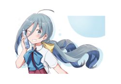 Rule 34 | 10s, 1girl, ahoge, blue bow, blue hair, blue neckwear, blush, bottle to cheek, bow, bowtie, commentary request, dress, grey eyes, grey hair, grin, hair between eyes, hair bow, kantai collection, kiyoshimo (kancolle), long hair, looking at viewer, low twintails, multicolored hair, one eye closed, ramune, riz (ravel dc), shirt, short sleeves, simple background, sleeveless, sleeveless dress, smile, twintails, upper body, very long hair, white shirt
