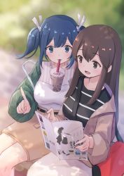 Rule 34 | 2girls, :3, akagi (kancolle), alternate costume, bag, belt, blue eyes, blue hair, blurry, blurry background, blush, book, breasts, brown eyes, brown hair, bubble tea, bubble tea challenge, cup, day, disposable cup, drinking straw, emia wang, hair ribbon, handbag, highres, holding, holding book, index finger raised, jacket, kantai collection, large breasts, long hair, long sleeves, medium breasts, multiple girls, object on breast, open mouth, outdoors, pointing, ribbon, shirt, sidelocks, sitting, souryuu (kancolle)