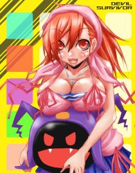 Rule 34 | 1girl, bandana, beni, black frost, breasts, camisole, cleavage, devil survivor, fang, fangs, jack frost (megami tensei), jewelry, large breasts, necklace, orange hair, red eyes, ribbon, smile, striped, tanigawa yuzu, tank top