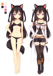 Rule 34 | 1girl, :o, absurdres, animal ears, bare shoulders, barefoot, black bra, black hair, black panties, black thighhighs, boots, bow, bra, character profile, choker, collarbone, color guide, full body, hair bow, hand on own hip, highres, kyuri tizu, long hair, midriff, multiple views, navel, original, panties, purple eyes, short eyebrows, simple background, tail, thighhighs, two side up, underwear, underwear only, white background, wolf ears, wolf tail, zettai ryouiki