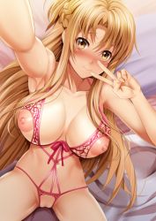 Rule 34 | 1girl, arm up, armpits, asuna (sao), bed sheet, blonde hair, blush, bra, breasts, brown eyes, cleft of venus, closed mouth, collarbone, crotchless, crotchless panties, embarrassed, janong, large areolae, large breasts, long hair, looking at viewer, navel, nippleless clothes, nipples, nose blush, outstretched arm, panties, parted bangs, pink bra, pink panties, pink ribbon, pussy, reaching, reaching towards viewer, ribbon, selfie, sidelocks, sitting, smile, solo, stomach, sword art online, tareme, thighs, uncensored, underwear, underwear only, v, very long hair