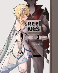 Rule 34 | 1boy, 1girl, black gloves, blonde hair, boots, breasts, closed mouth, commentary request, detached sleeves, door, doorknob, dress, flower, free hugs, genshin impact, gloves, grey background, hair between eyes, hair flower, hair ornament, highres, holding, holding sign, jacket, kuromu shado, lumine (genshin impact), medium breasts, pants, partially fingerless gloves, scarf, shaded face, short hair with long locks, sign, simple background, sweat, tartaglia (genshin impact), thigh boots, white flower