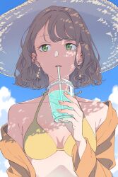 Rule 34 | 1girl, bikini, blue sky, breasts, brown hair, cloud, collarbone, cup, dangle earrings, dappled sunlight, disposable cup, drink, drinking straw, earrings, fingernails, green eyes, hat, hein (animehyein), highres, holding, holding drink, jacket, jacket partially removed, jewelry, looking to the side, medium breasts, nail polish, open mouth, original, pink nails, short hair, sky, solo, sun hat, sunlight, sweat, sweatdrop, swept bangs, swimsuit, upper body, wavy hair, white hat, yellow bikini
