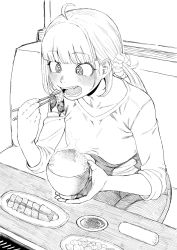 Rule 34 | 1girl, @ @, ahoge, blunt bangs, bowl, breasts, chopsticks, fang, food, greyscale, haioku colonel, highres, long hair, meat, monochrome, open mouth, original, rice, scrunchie, sitting, solo, teeth, towel, twintails