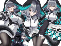 Rule 34 | 1girl, 1other, :d, aqua nails, arknights, black pantyhose, breasts, commentary request, doctor (arknights), dress, duplicate, fingerless gloves, gloves, green eyes, grey hair, grin, highres, ho&#039;olheyak (arknights), large breasts, looking at viewer, medium hair, multiple views, nail polish, open mouth, pantyhose, pencil dress, short dress, simple background, smile, snake tail, tail, thighs, white background, white dress, white gloves, yoko2yuray