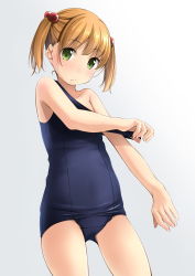 Rule 34 | 1girl, brown hair, clothes pull, cowboy shot, flat chest, gluteal fold, gradient background, green eyes, hair bobbles, hair ornament, highres, looking at viewer, old school swimsuit, one-piece swimsuit, one-piece swimsuit pull, original, school swimsuit, shibacha, short hair, solo, swimsuit, twintails, white background