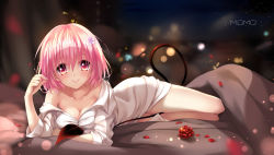 Rule 34 | 1girl, artist request, bare shoulders, bed, blush, breasts, cleavage, collarbone, demon tail, hair flower, hair ornament, highres, looking at viewer, lying, medium breasts, momo velia deviluke, no bra, on side, on stomach, pink eyes, pink hair, shirt, short hair, smile, solo, source request, tail, thighs, to love-ru