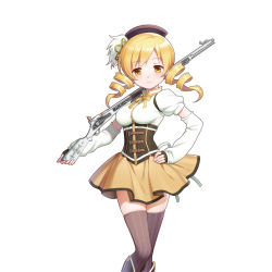 Rule 34 | 10s, 1girl, arm warmers, beret, blonde hair, breasts, corset, cyber agent, detached sleeves, drill hair, fingerless gloves, gloves, gun, hair ornament, hat, large breasts, looking at viewer, magical musket, mahou shoujo madoka magica, mahou shoujo madoka magica (anime), miniskirt, skirt, smile, solo, striped clothes, striped thighhighs, thighhighs, tomoe mami, twin drills, uchi no hime-sama ga ichiban kawaii, underbust, vertical-striped clothes, vertical-striped thighhighs, weapon, yellow eyes, zettai ryouiki