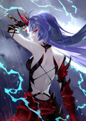 Rule 34 | 1girl, absurdres, armor, backless outfit, black gloves, blue hair, breasts, faulds, floating hair, from behind, gloves, highres, holding, holding sword, holding weapon, honkai (series), honkai impact 3rd, long hair, looking at viewer, looking back, makeup, mascara, medium breasts, outdoors, raiden mei, raiden mei (herrscher of thunder), rain, red eyes, shoulder blades, sideboob, solo, sword, thunder, vardan, very long hair, weapon