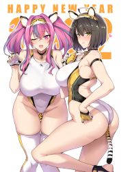 Rule 34 | 2girls, alternate costume, anal tail, animal ears, arm strap, ass, azur lane, back cutout, baltimore (azur lane), bare shoulders, bell, black choker, blush, braid, breasts, bremerton (azur lane), brown hair, butt plug, butt plug tail, chinese zodiac, choker, claw pose, closed mouth, clothing cutout, commentary request, competition swimsuit, cowboy shot, fake animal ears, fake tail, fang, fingerless gloves, french braid, gloves, gluteal fold, grey hair, hair between eyes, hair intakes, hair ornament, hairband, halcon, half gloves, hand on own hip, hand up, hands up, highres, large breasts, leaning forward, long hair, looking at viewer, mole, mole under eye, multicolored hair, multiple girls, neck bell, nose blush, one-piece swimsuit, one eye closed, open mouth, pink eyes, pink hair, sex toy, short hair, sidelocks, simple background, sketch, skindentation, smile, standing, standing on one leg, streaked hair, swimsuit, tail, thighhighs, tiger ears, tiger tail, twintails, twisted torso, two-tone hair, white background, white legwear, white one-piece swimsuit, year of the tiger, yellow eyes