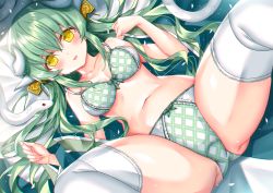 Rule 34 | 1girl, bra, breasts, dragon girl, dragon horns, fate/grand order, fate (series), green bra, green hair, green panties, horns, kiyohime (fate), large breasts, lingerie, morizono shiki, multiple horns, panties, snake, solo, thighhighs, underwear, underwear only, white thighhighs, yellow eyes