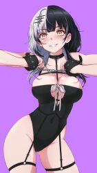Rule 34 | 1girl, black hair, breasts, cleavage, commentary request, hair ornament, highres, hololive, hololive english, large breasts, multicolored hair, p-nekoe, purple background, shiori novella, shiori novella (1st costume), simple background, smile, solo, standing, thighs, two-tone hair, virtual youtuber, white hair