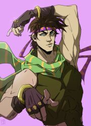 Rule 34 | 1boy, absurdres, blue eyes, brown hair, darwh, fingerless gloves, gloves, green scarf, headband, highres, jojo no kimyou na bouken, jojo pose, joseph joestar, joseph joestar (young), male focus, pink background, pointing, scarf, solo, striped clothes, striped scarf, triangle mouth