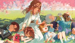 Rule 34 | 2girls, 4boys, aged down, artem wing (tears of themis), black jacket, blue jacket, blue shorts, blue sky, brown hair, brown shorts, cherry blossoms, child, closed eyes, closed mouth, collared shirt, dress, dual persona, grass, highres, holding, jacket, jewelry, key, long hair, long sleeves, luke pearce (tears of themis), lying, marius von hagen (tears of themis), medium hair, multiple boys, multiple girls, necklace, nnatural94, on back, on side, open mouth, outdoors, pinafore dress, pink dress, purple hair, rosa (tears of themis), seiza, shadow, shirt, short sleeves, shorts, sitting, sky, sleeveless dress, smile, socks, stuffed animal, stuffed toy, tears of themis, toga, vest, vyn richter (tears of themis), white hair, white shirt, white socks, yellow vest