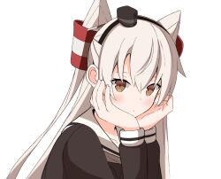 Rule 34 | 1girl, amatsukaze (kancolle), arm support, black dress, blush, brown eyes, closed mouth, collarbone, commentary request, crossed bangs, dress, hair between eyes, hair tubes, hairband, hands on own chin, head rest, highres, kantai collection, long hair, long sleeves, looking at viewer, sailor collar, sailor dress, sasanoha (sasanoha0712), sidelocks, simple background, smokestack hair ornament, solo, two side up, upper body, white background, white hair, white sailor collar