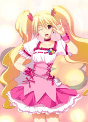 Rule 34 | 00s, 1girl, blonde hair, choker, cure peach, earrings, fresh precure!, hair ornament, hand on own hip, heart, heart hair ornament, hip focus, jewelry, magical girl, momozono love, one eye closed, pink eyes, precure, solo, takepon, twintails, wink, wrist cuffs