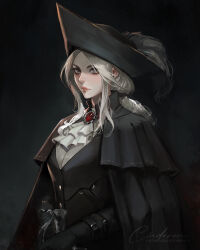 Rule 34 | 1girl, ascot, black background, black coat, black hat, bloodborne, blouse, brooch, buttons, cinderone, closed mouth, coat, collar, commentary, english commentary, grey hair, hat, hat feather, highres, jewelry, lady maria of the astral clocktower, lips, long hair, looking at viewer, parted bangs, ponytail, shirt, sidelocks, solo, threaded cane, tricorne, white ascot, white shirt
