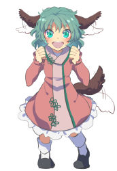 Rule 34 | 1girl, :d, afterimage, animal ears, black footwear, blush, commentary request, dog ears, dog girl, dog tail, dress, ear wiggle, excited, frilled dress, frills, full body, green eyes, green hair, highres, kasodani kyouko, long sleeves, looking at viewer, nayozane (worker7), open mouth, pink dress, round teeth, shoes, short hair, simple background, smile, socks, solo, sparkling eyes, standing, tail, tail wagging, teeth, touhou, white background, white socks