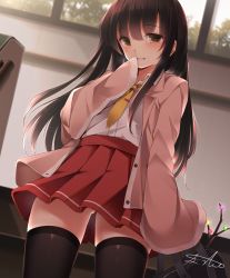 Rule 34 | 1girl, adapted costume, artist name, bag, black hair, black thighhighs, blazer, blurry, blurry background, blush, commentary request, contemporary, cowboy shot, dutch angle, floral print, gluteal fold, grin, hair between eyes, hand up, holding, holding bag, houraisan kaguya, indoors, jacket, long hair, long sleeves, looking at viewer, miniskirt, necktie, open clothes, open jacket, pink jacket, pleated skirt, red skirt, school bag, school uniform, shirt, signature, single sidelock, skirt, smile, solo, standing, thighhighs, thighs, touhou, toyosaki shu, white shirt, wide sleeves, wing collar, yellow eyes, yellow necktie