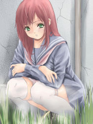 Rule 34 | 1girl, artist request, blue shirt, blue skirt, blush, character request, crack, cracked wall, crossed arms, drainpipe, grass, green eyes, long hair, long sleeves, looking at viewer, neckerchief, panties, panty pull, parted lips, peeing, pink neckerchief, pink panties, red hair, school uniform, shirt, skirt, squatting, teeth, thighhighs, underwear, white thighhighs