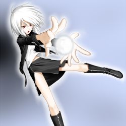 Rule 34 | 1girl, ahoge, boots, energy ball, female focus, gradient background, kentairui, knee boots, original, red eyes, solo, white hair