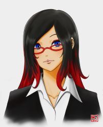 Rule 34 | 1girl, black hair, blue eyes, crow (gravity daze), formal, glasses, gravity daze, gravity daze 2, highres, lipstick, long hair, looking at viewer, makeup, multicolored hair, office lady, red hair, solo, suit, two-tone hair