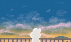 Rule 34 | :d, animated, animated gif, ayu (mog), blue sky, blush, cloud, cloudy sky, gradient sky, looking at viewer, no humans, open mouth, original, outdoors, rabbit, railing, sky, smile, solo, star (sky), turning head, waving, wide shot, yellow sky