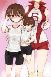 Rule 34 | 2girls, ?, absurdres, aomushi (mushamusha), arm around waist, bike shorts, black shorts, blonde hair, breasts, brown eyes, brown hair, clothes lift, cropped legs, elbow pads, frown, girls und panzer, gym shirt, gym uniform, hand in own hair, head out of frame, highres, isobe noriko, knee pads, lifting own clothes, long hair, looking at viewer, multiple girls, navel, red shirt, red shorts, sasaki akebi, see-through, shirt, shirt lift, short hair, short shorts, short sleeves, shorts, single vertical stripe, sleeveless, sleeveless shirt, small breasts, sportswear, standing, sweat, t-shirt, thumbs up, translated, volleyball uniform, white shirt