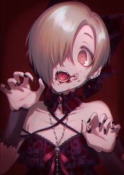 Rule 34 | 1girl, anoa, arm warmers, bare shoulders, black bow, black choker, black nails, blonde hair, blood, blood on face, bow, choker, claw pose, collarbone, commentary request, criss-cross halter, ear piercing, earrings, fangs, fingernails, gem, hair bow, halloween, halterneck, hands up, head tilt, highres, idolmaster, idolmaster cinderella girls, idolmaster cinderella girls starlight stage, jewelry, nail polish, open mouth, piercing, red background, red eyes, shirasaka koume, short hair, skull earrings, solo, teeth, tongue, upper body